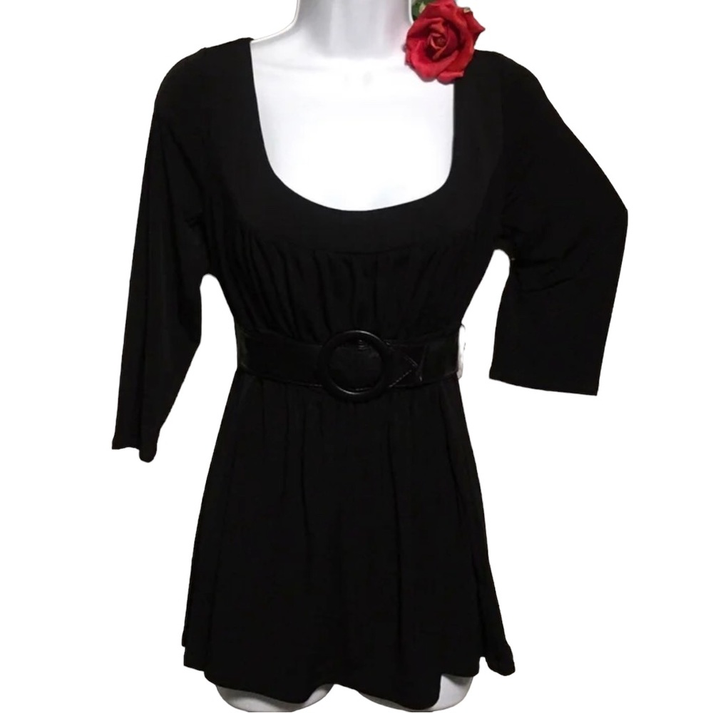 AB Studio MED BLACK GATHERED PEPLUM TOP SCOOP NECK & BELT LIKE NEW